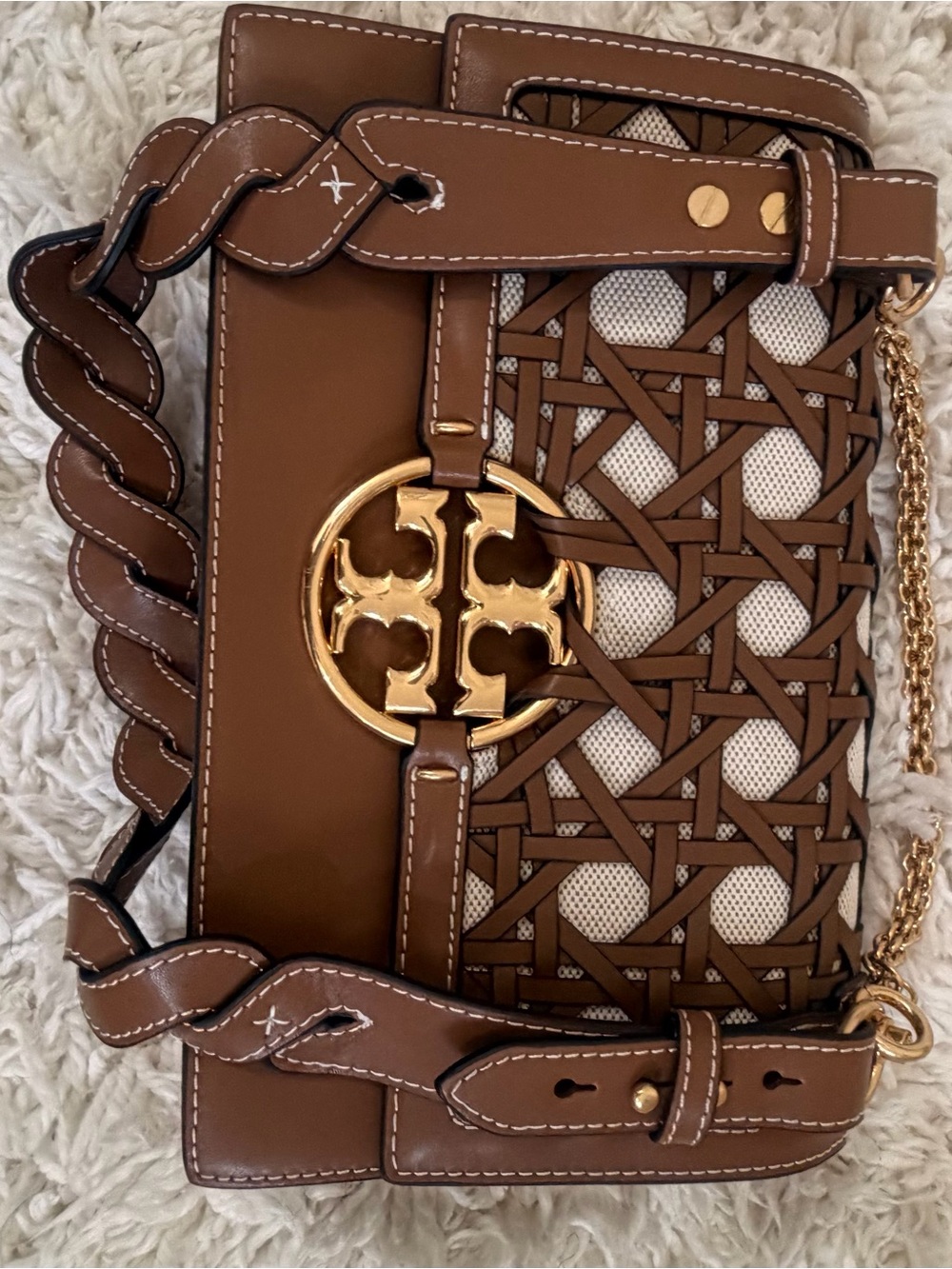 Tory Burch Brown Woven Leather Shoulder Bag with Gold Logo Chain - Picture 5 of 5